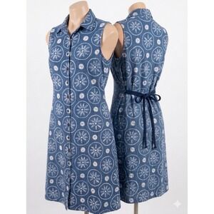 VTG 100% Linen Button Midi Shirt Dress LG Sleeveless Blue Batik Coastal Seashell